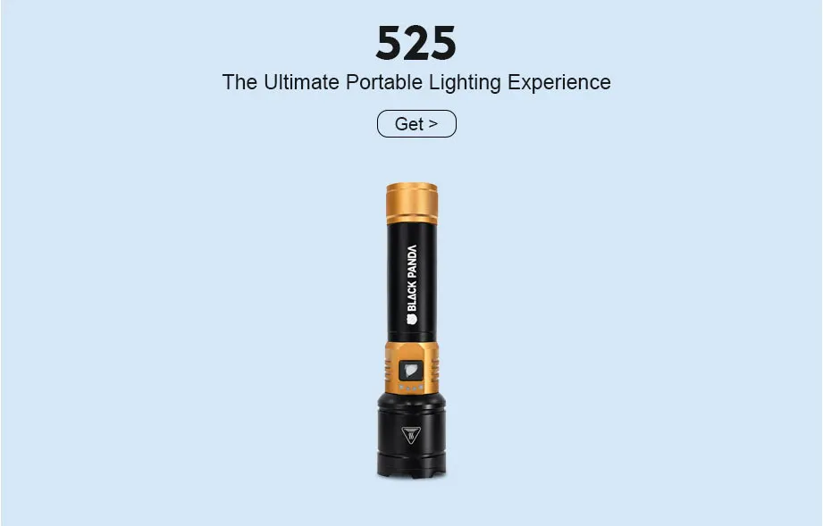 Model black panda 525 sleek portable LED flashlight with gold and black body design