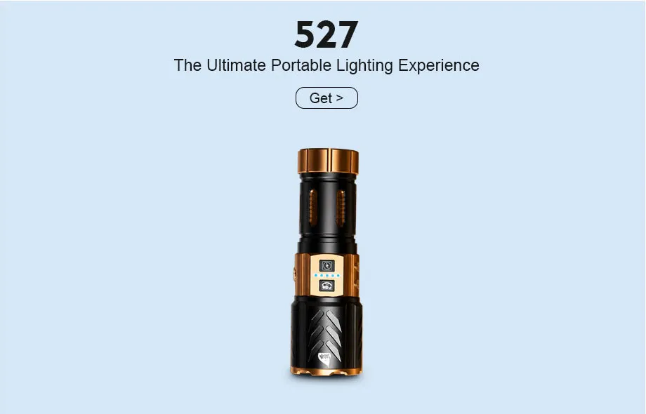 Model black panda 527 ultimate portable LED flashlight with black and gold aluminum casing