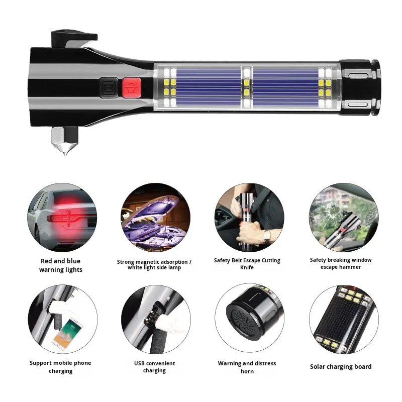 car escape features of solar rechargeable emergency flashlight Black Panda T01