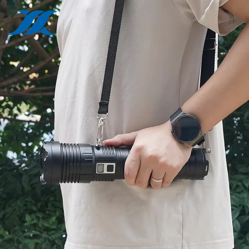 Person carrying the 5000 lumens tactical flashlight with shoulder strap for hands-free transport black panda 890S