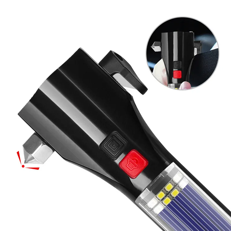 safety glass breaker and seatbelt cutter on solar rechargeable emergency flashlight Black Panda T01