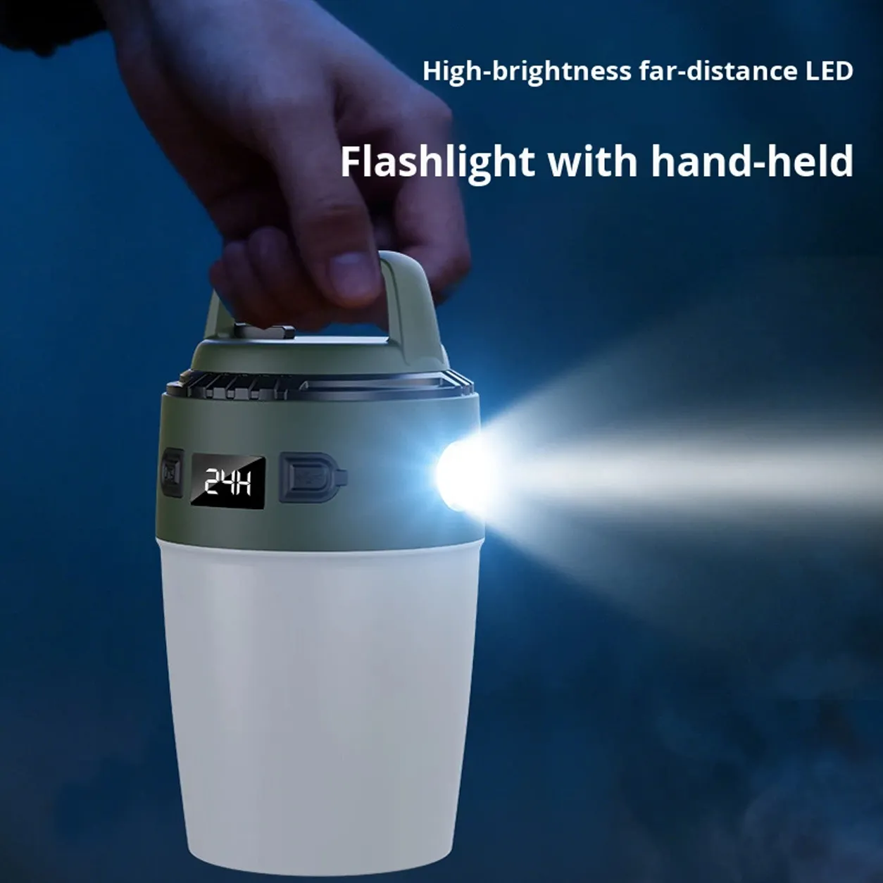 handheld rechargeable LED camping lantern emitting directional beam