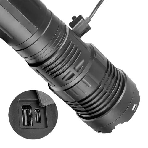 USB Type-C charging port under rubber cover on black tactical flashlight body black panda 890S