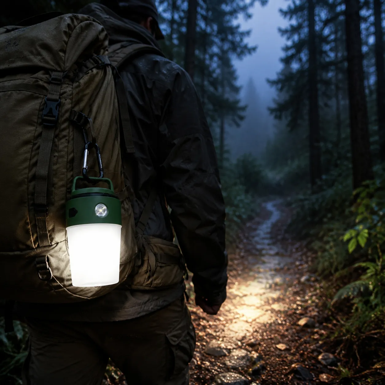 rechargeable LED camping lantern hanging on backpack during night trail hike