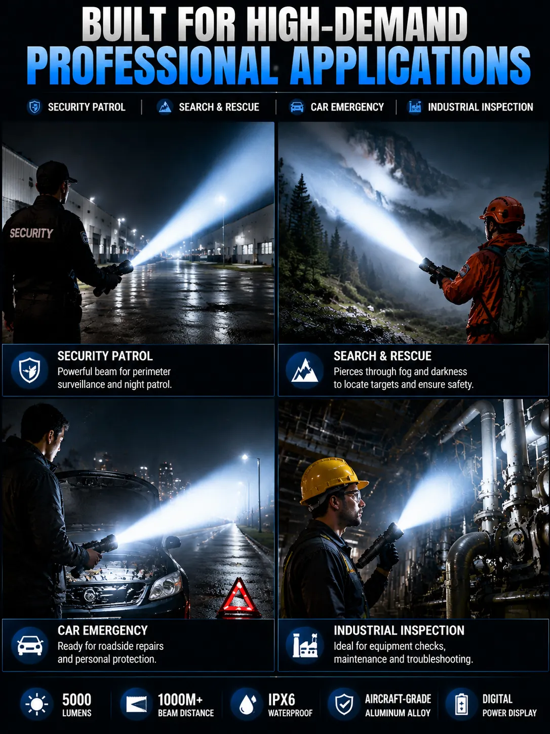 Tactical flashlight used in professional scenarios like search and rescue, night patrol, and industrial repair black panda 890S